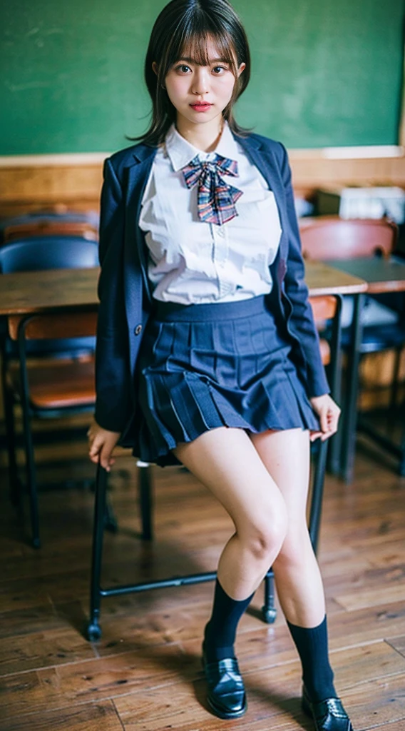 (8K、Raw photo、highest quality、masterpiece:1.2)、(realistic、Photoreal)、1 girl、((checked mini skirt、loafer uniform、dark blue socks、blazer、big breasts、classroom、sat on a chair、Seen from the front、stand with legs apart、))、lots of eyelashes、Glitter on your eyelids、skeletally correct