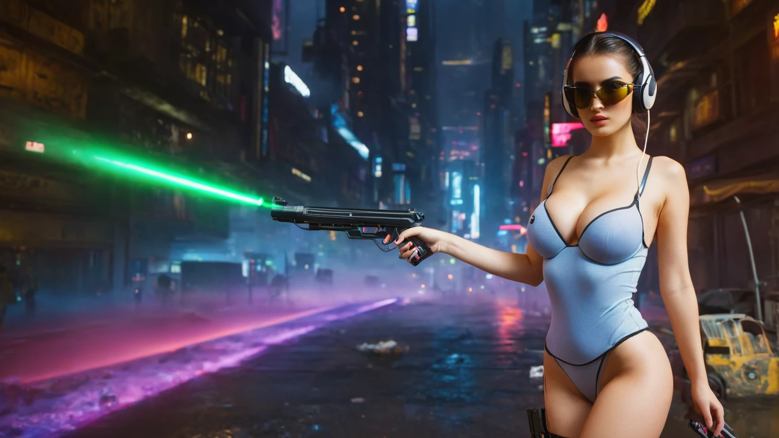 dark futuristic landscape, at night, neon lights, Atmospheric fog, large buildings in the background, futuristic city, streets with open shops, skyscraper (postapocalyptic city:1.3). (((1girl, solo, alone))), large-breast:1.2 slim body, cleavage:1.1, sexy miniskirt, (((headphone, black sunglasses, standing and holding pistol pose))), (((half-body thigh level medium shot))), cinematic lighting, lens flare, ray tracing.