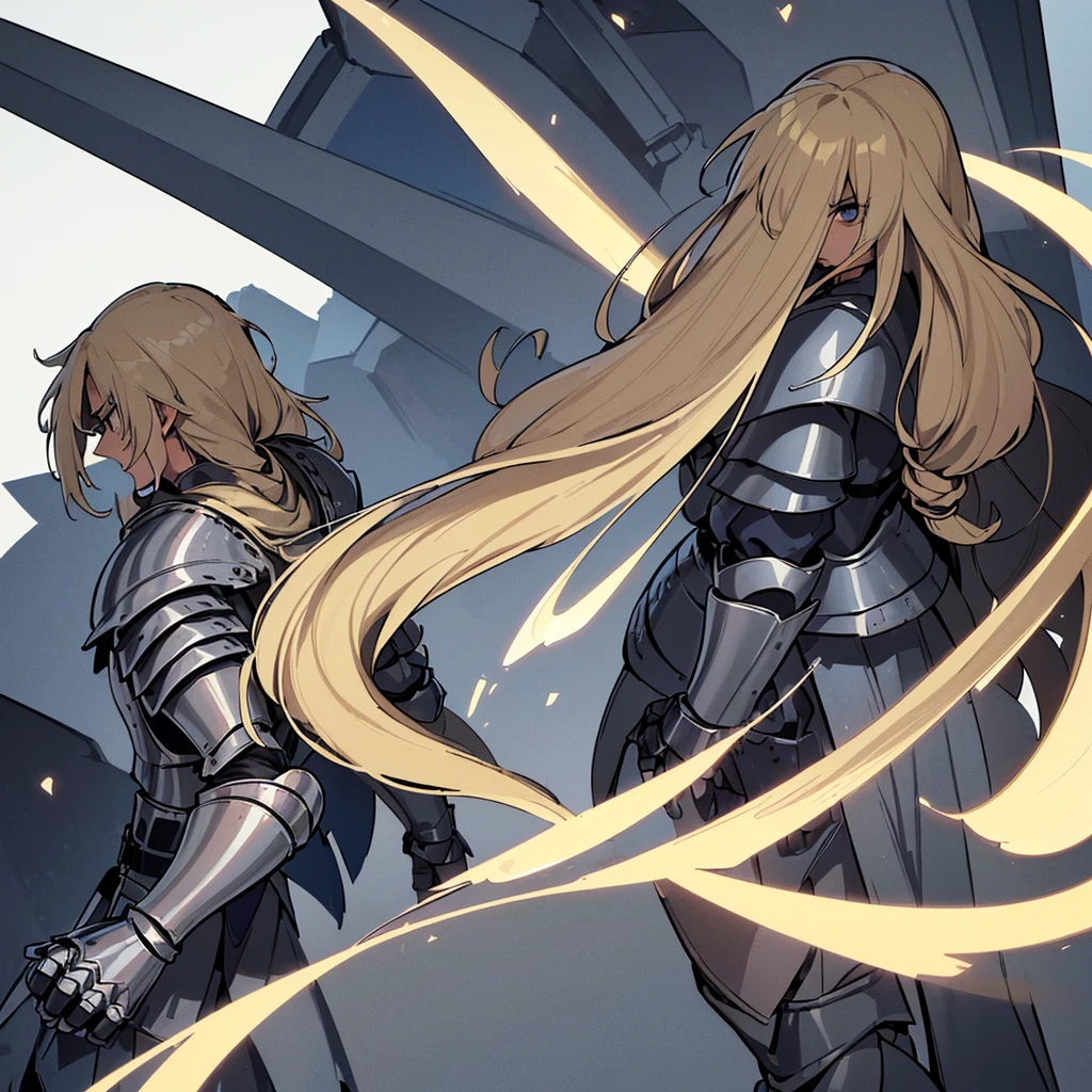 ((((Solo))))、(whole body)、Highest quality, Best Quality, Best illustrations, (((Grey Armor)))、(((Blond long hair man、Long-haired man、male、24-years-old、Cool guy)))、(Medieval Knight)、(Navy blue trousers)、(get annoyed、Clench your teeth)、(Living in the desert)、(White background)、Run、Dramatic Angle、(From the back、back view)