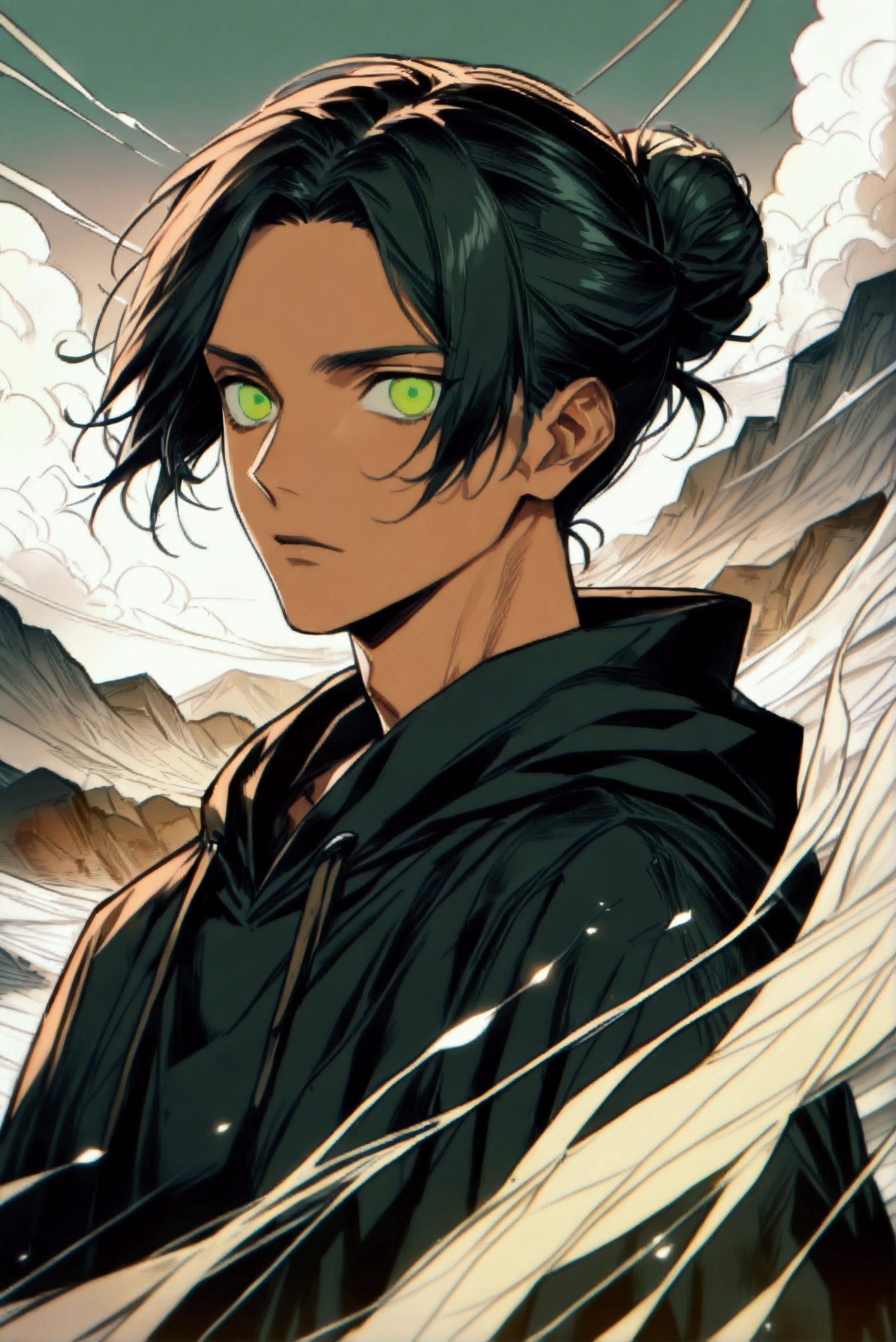 Brown man bun hairstyle、Handsome man in his 20s（1 male,Ellen Yeager）（Attack on Titan）,Green Eyes,Expressionless,（He is wearing a long black hoodie..）,(masterpiece:1.3),(Highest quality:1.4),(Very detailedな:1.5),High resolution,Very detailed,unity 8k wallpaper,Decadent,Wind,Achieve smooth design