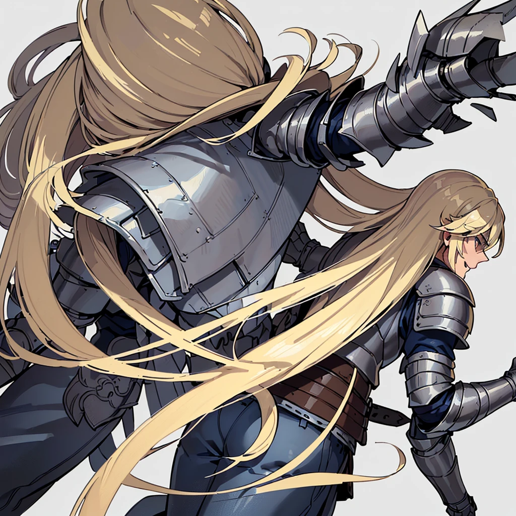 ((((Solo))))、(whole body)、Highest quality, Best Quality, Best illustrations, (((Grey Armor)))、(((Blond long hair man、Long-haired man、male、24-years-old、Cool guy)))、(Medieval Knight)、(Navy blue trousers)、(get annoyed、Clench your teeth)、(Living in the desert)、(White background)、Run、Dramatic Angle、(From the back、back view)
