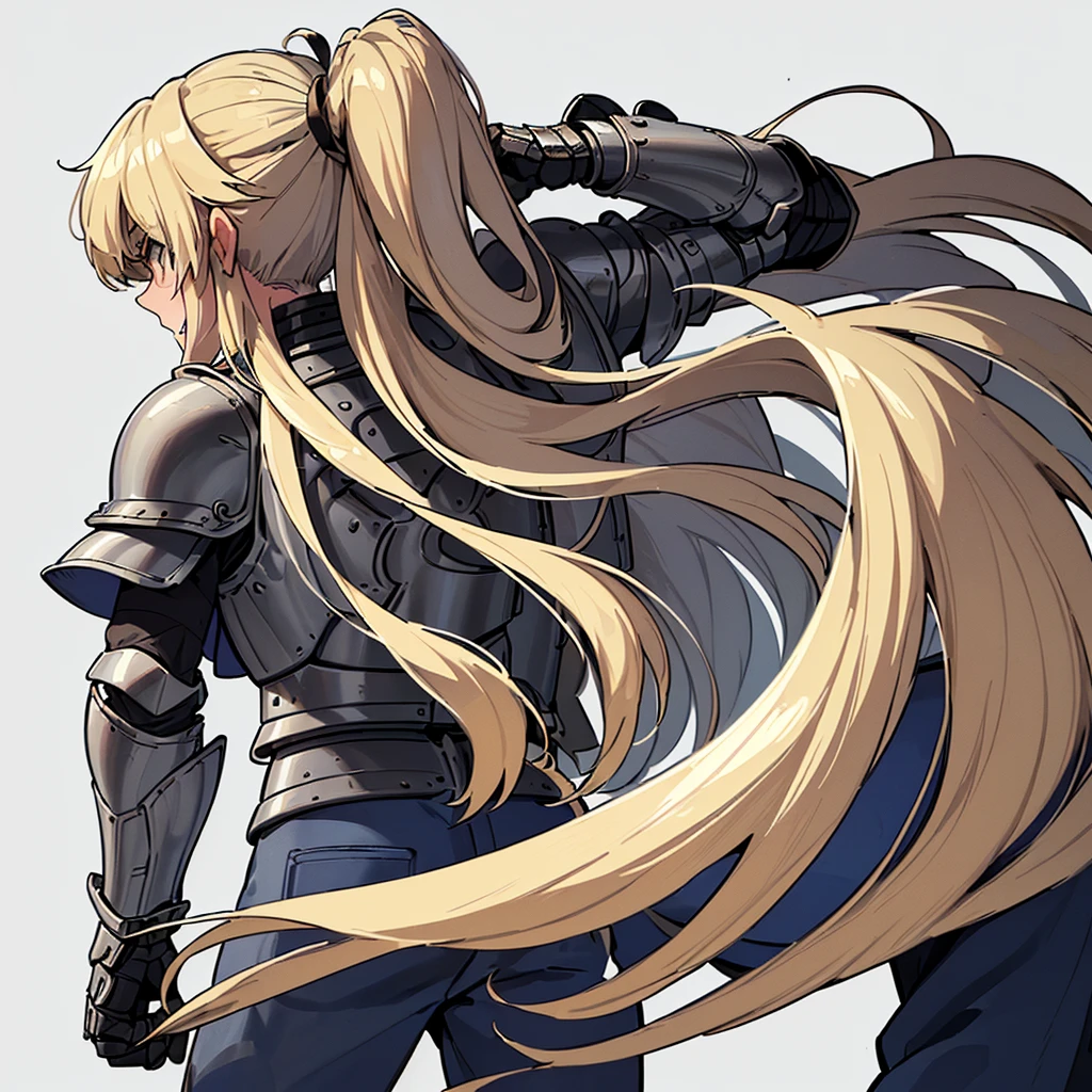 ((((Solo))))、(whole body)、Highest quality, Best Quality, Best illustrations, (((Grey Armor)))、(((Blond long hair man、Long-haired man、male、24-years-old、Cool guy)))、(Medieval Knight)、(Navy blue trousers)、(get annoyed、Clench your teeth)、(Living in the desert)、(White background)、Run、Dramatic Angle、(From the back、back view)