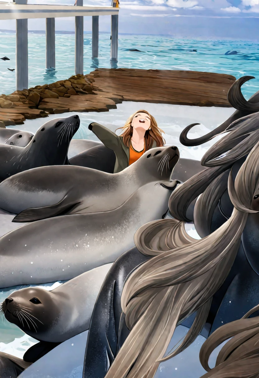A girl takes a selfie with fur seals in the background, rizhaya girl smiles