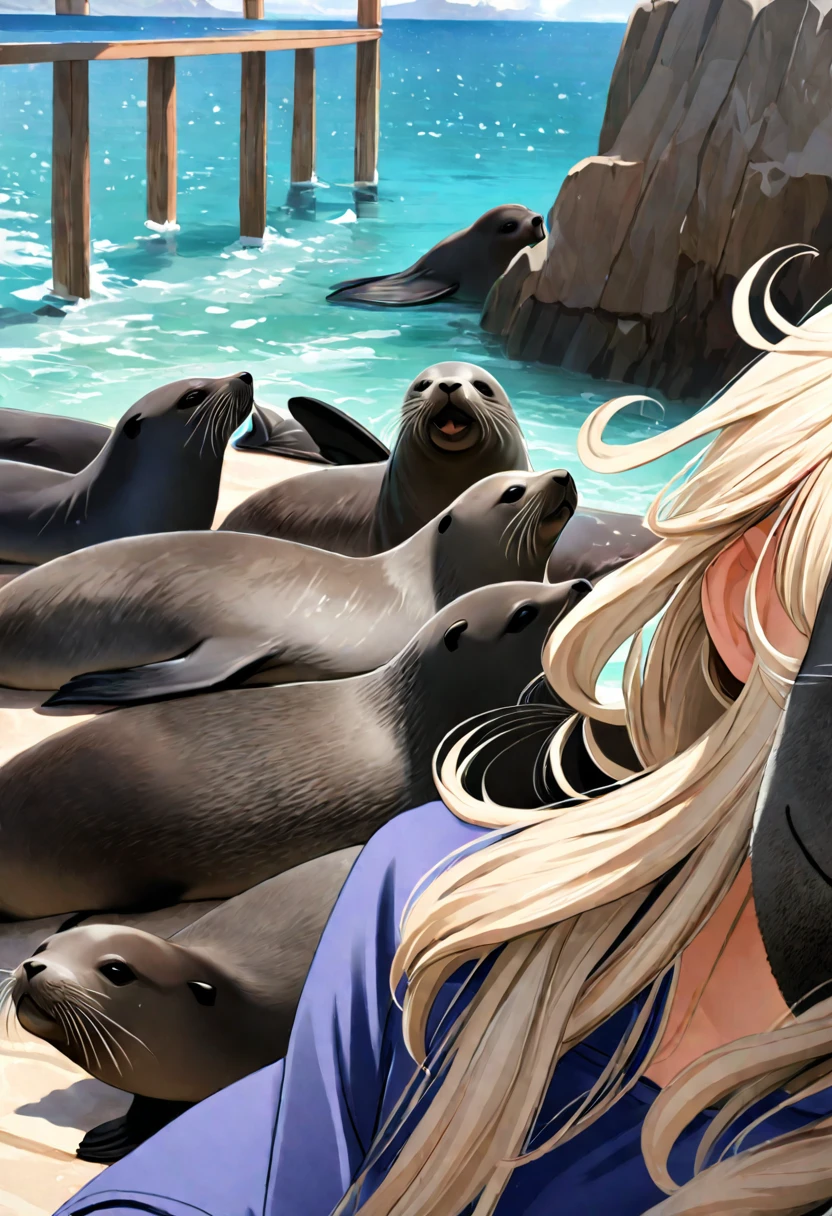 A girl takes a selfie with fur seals in the background, rizhaya girl smiles 