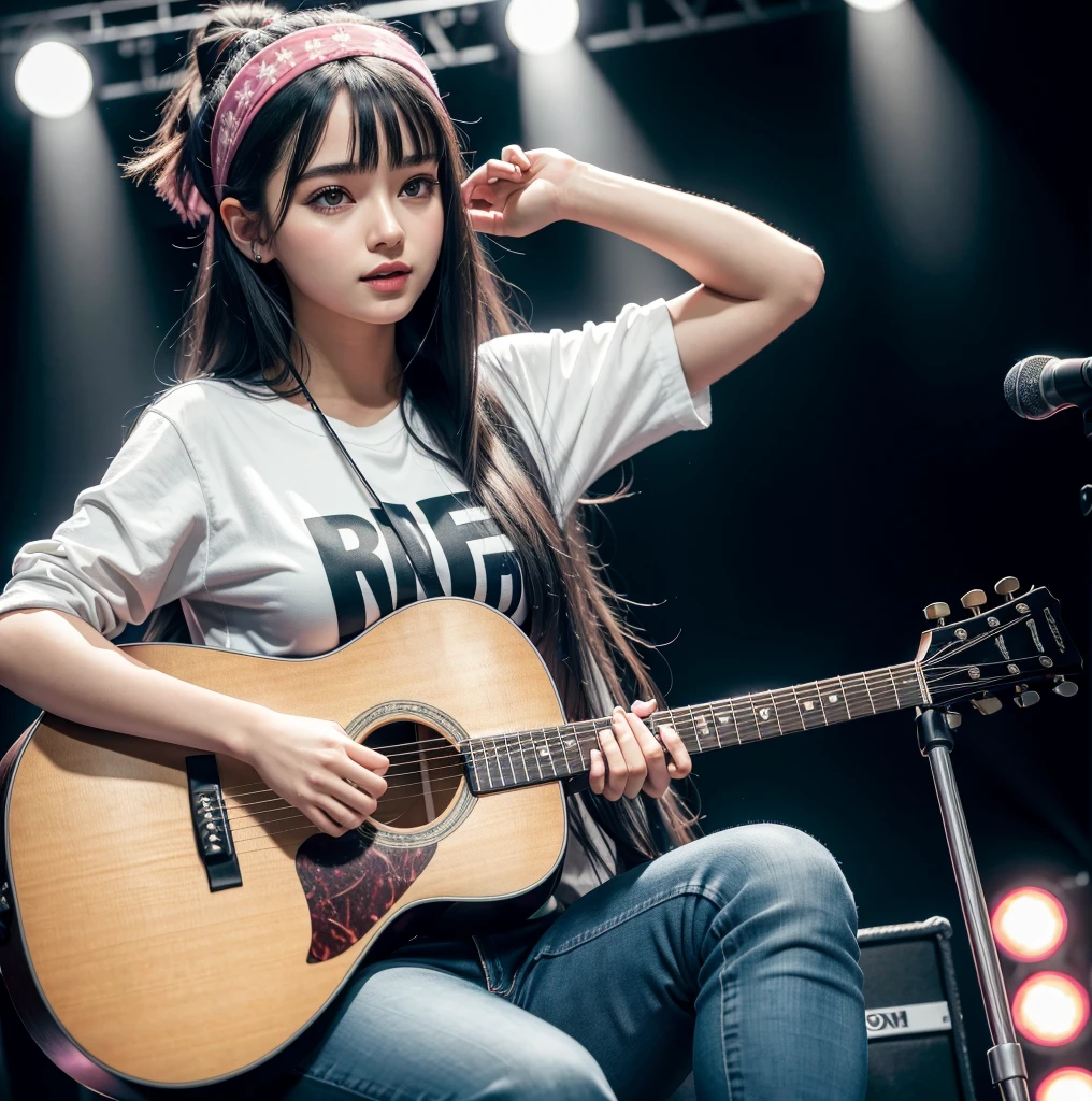 Absurd, ultra-detailed, high quality, masterpiece, detailed face, beautiful eyes(detailed eyes),  young woman playing guitar, black hair wearing bandana, jeans, converse shoes, pink t-shirt and flannel jacket, sitting on a high chair, on stage, one mic in front of her, RGB lights pointing at her, she seems to be living the song, high quality render, masterpiece, 8k, bokeh hd background