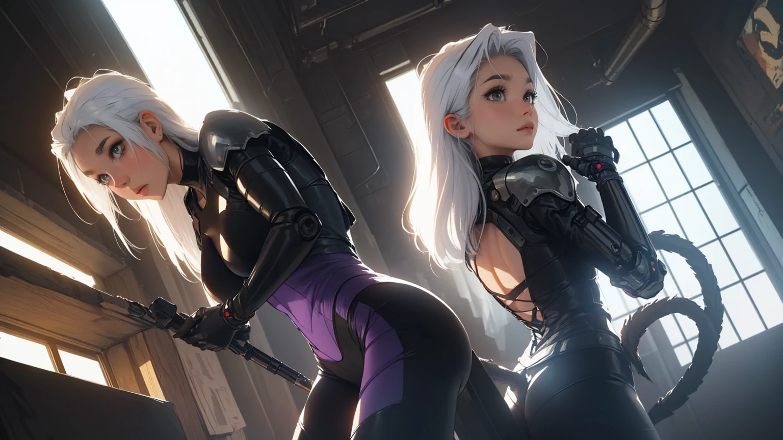(​masterpiece,best quality,Ultra-detail,very detailed illustrations,extremely detail,complicated details,highres,(Masterfully crafted glow:1.4),(Lens reflection:1.3),super complex details,extremely detail 8k cg wallpaper,Cowboy-shot, Corrosive,Consideration,Raytracing,Demon theme,Nebula,Dark Aura,Cyber Effect,alone,mecha musume,mechanical parts, Robot joints,(single mechanical arm), Headgear, mechanical halo,Stern hallo,(complicated ((White)) and purple mechanical ninja suit),(violet purple glow:1.2), (purple suit lights), mecha corset, Full Armor, (very long, translucent hair),(bioluminescent White hair:1.2),(Shine for your hair:1.4), hair between the eyes,(((colorful))),((the picture)),(indoors),(Carbon fiber),(Coole Action-Pose:1.3),(nervous:1.5), (luminous White hair:1.4),(blue eyes), (bright blue eyes:1.4),(glowing eyes:1.4),(eye trail:1.1), Intensiv expression,(Dynamic action),(Hand on hip:1.2),(cybernetic metal Lynx ears:1.3),(thin ((metal)) cybernetic tail:1.4),( action-oriented pose, holding dual daggers with an ethereal glow. The background should be a dark, mystical forest or an ancient, ruined temple, with a moonlit sky casting an eerie glow. The overall style should reflect the detailed, fantasy-rich art of Lineage 2, with vibrant colors, dramatic lighting, and a sense of magical realism.、permission 8k、complex parts、Toned waist、Wide buttocks、Эффект Тиндаллаmasuter piece、top quality、Highest standards、Highest image quality、table、complex parts、a high resolution、depth of field、natural soft light、professional lighting、about, standing, very long hair, cowboy shot, brilliant, brilliant hair, (night:1.2),Dreamy, [[gentle fingers and hands:0.55]::0.85],(detailed fingers),),(emotional),(breathtaking),(main part:1.2) whole body.), (Anime Style), (Super Detailed), (brutal), (uhd, HDR), (8k), (High Resolution: 1.2), (Complex and Beautiful: 1.2)