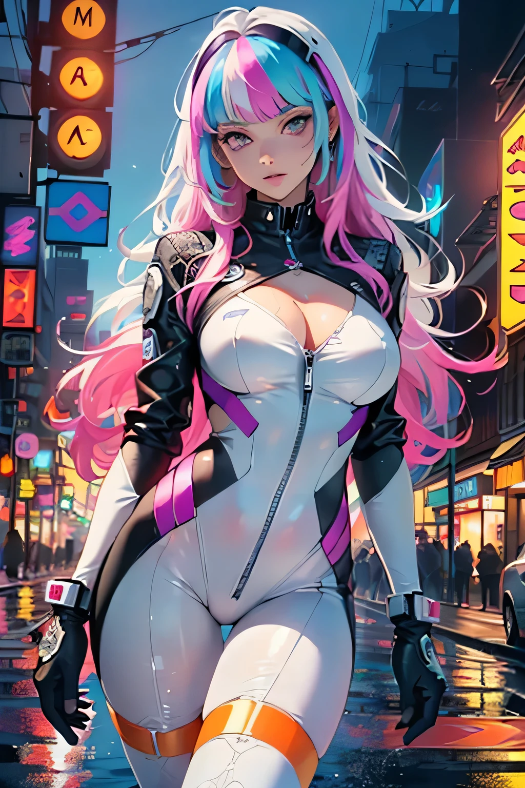 cyberpunk girl,(((1girl))),((cute and beautiful rainbow haired girl)),
(large breasts:1.4),saggy breasts,mane,((multicolored_hair:1.3)), ((rainbow hair:1.3)),((hair bangs:1.3)),((hair with the seven colors of the rainbow:1.3)),((straight hair:1.3)),((very straight hair,very_long hair:1.5)),((The beauty of extra-long hair)),((Super Long Straight Hair)),((bangs)),(((neon rainbow eyes:1.3))),intricate eyes,beautiful detailed eyes,symmetrical eyes,((fat)),(((lustrous skin:1.5,bright skin: 1.5,skin tanned,shiny skin,very shiny skin,shiny body,plastic glitter skin,exaggerated shiny skin,illuminated skin,wet legs))),(spider lower abdomen,narrow waist,wide hip,athletic body,inflated legs,detailed body,(detailed face)),
cute,slutty,erotic,((nsfw)),
white pilot suit,white cyber suit,absurdres,Long legs,cleavage,(((wet clothes,intricate outfit,intricate clothes))),
(hypnotized pose:1.0),hypnotized,(centered,scale to fit dimensions,Rule of thirds),
cyberpunk city by the ocean at night, with bright neon signs and dark stormy clouds and puddles, scenery:1.25,
artistic photography,(photography taken by sldr),highres, sharp focus, (ultra detailed, extremely detailed), (photorealistic artwork:1.37),(extremely detailed CG unity 8k wallpaper),((synthwave background theme)),(((vibrant colors))),(intricate background),(masterpiece),(best quality),