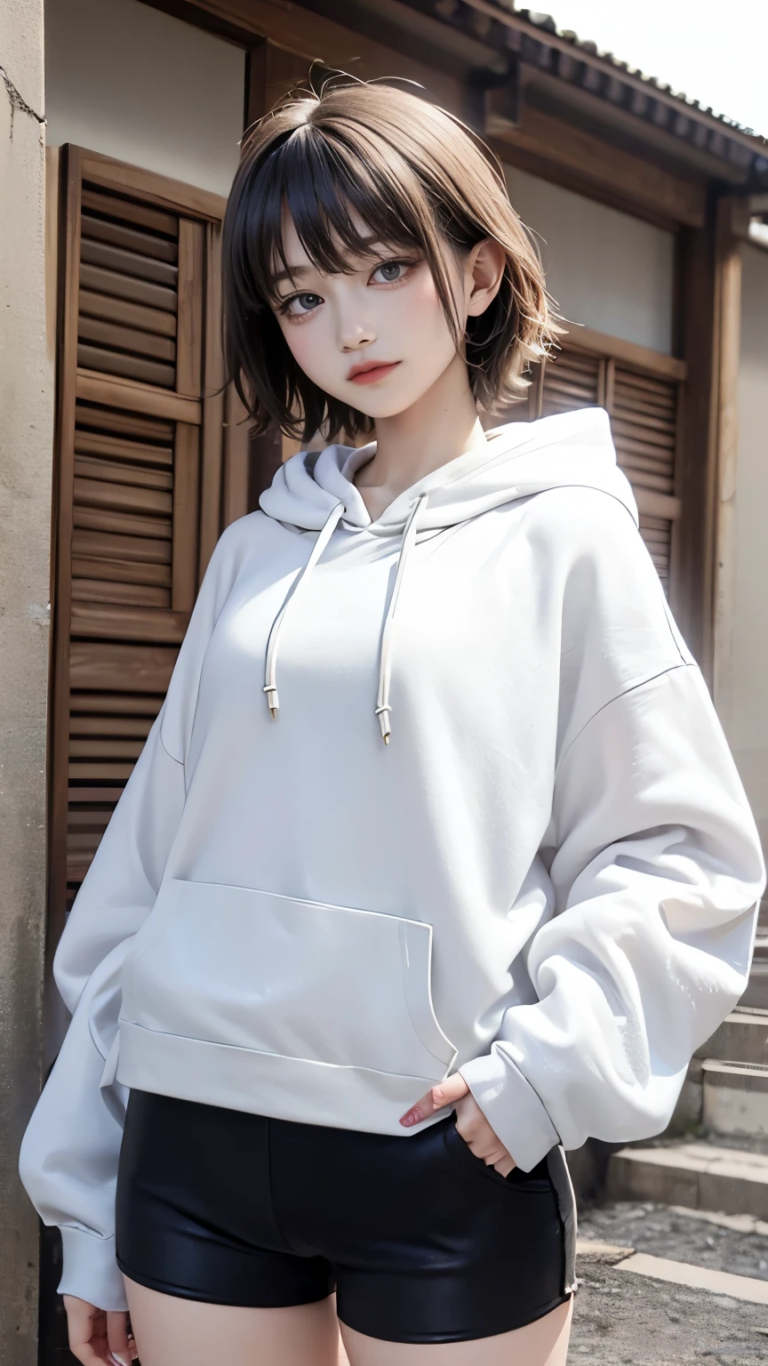 anime style、Delicate and detailed line drawingasterpiece、highest quality、Highest image quality、one woman、extra short hair、natural makeup、eyelash extensions、Sharply draw eyelashes、Smiling happily、(Standing with the whole body facing the viewer、real face:1.5)、Japanese high school girl、Commemorative photo taken in the school courtyard、(simple design clothing、oversized white hoodie:1.5)、(Fitted white dolphin shorts:1.3)、(camel toe:1.3)、blur the background、(cowboy shot:1.3)、(The subject is viewed from below:1.2)