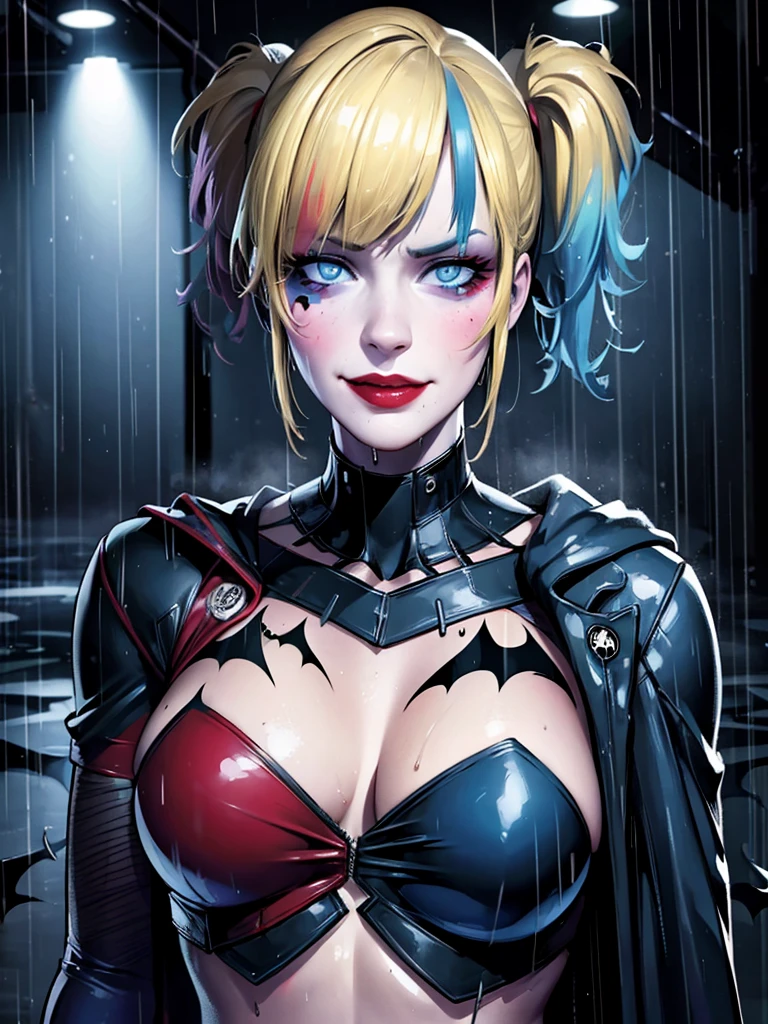 Harley Quinn batman, rain-drenched street, soaked clothes clinging to body, no underwear, wicked smile, Batman costume. batman mask, batman cape, dark knight batman low cut costume   , detailed face, beautiful eyes, detailed lips, detailed nose, detailed facial features, highly detailed, 8k, photorealistic, hyper-realistic, dynamic lighting, dramatic shadows, cinematic, cinematic lighting, dark and moody, neon lights, glowing rain, puddles, rain-slicked pavement, wet hair, rain dripping, reflections, fantasy, comic book style