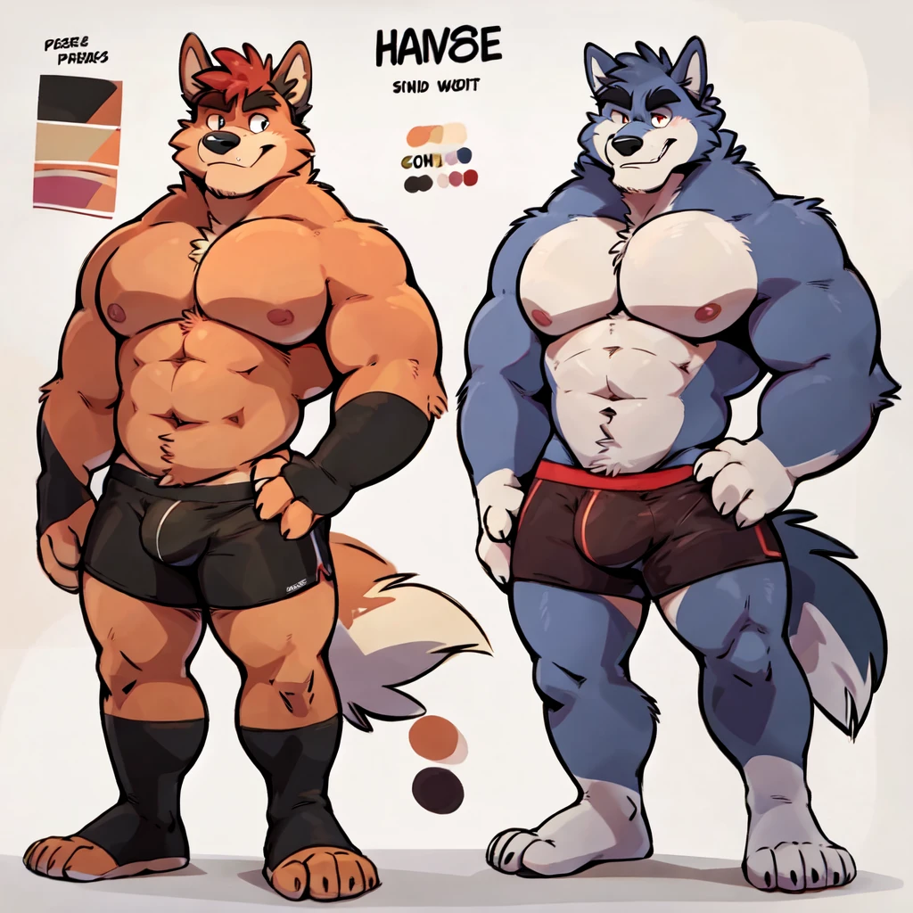 Wolf By Haps,1boy, abs, animal ears, bara, bulge, full body, white background, Seminude, Boxers, side, Standing, feet, Character sheet reference .