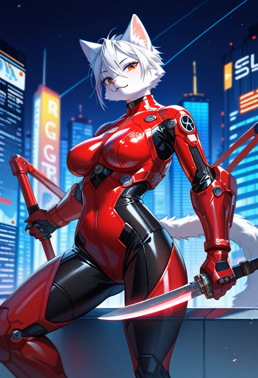 animation, Highest quality, Highest quality, High quality illustrations, masterpiece, Ultra-high resolution, Detailed Background, skyscraper, Rooftop, night, Absurd, Perfect Anatomy, performance, Good lighting, Shadows in the movies(kemono, Furry PersonifiCation), Cat, woman, White Skin, Red Rubber Suit, latex, neon, neonライト, neonカラー, Bodysuits, Cyber Suit, Mech Suit, Rubber Half Jacket, cyber punk, Blade Runner, Holding a blade