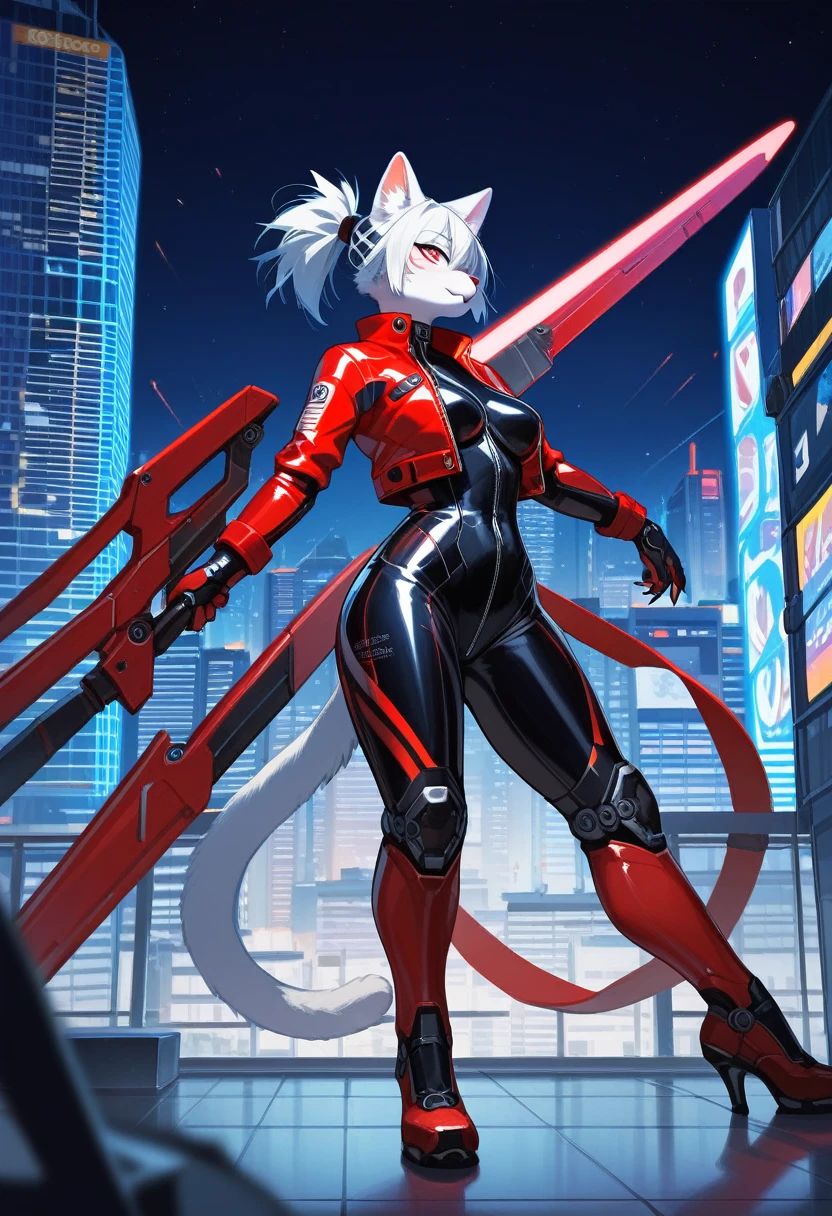 animation, Highest quality, Highest quality, High quality illustrations, masterpiece, Ultra-high resolution, Detailed Background, skyscraper, Rooftop, night, Absurd, Perfect Anatomy, performance, Good lighting, Shadows in the movies(kemono, Furry PersonifiCation), Cat, woman, White Skin, Red Rubber Suit, latex, neon, neonライト, neonカラー, Bodysuits, Cyber Suit, Mech Suit, Rubber Half Jacket, cyber punk, Blade Runner, Holding a blade