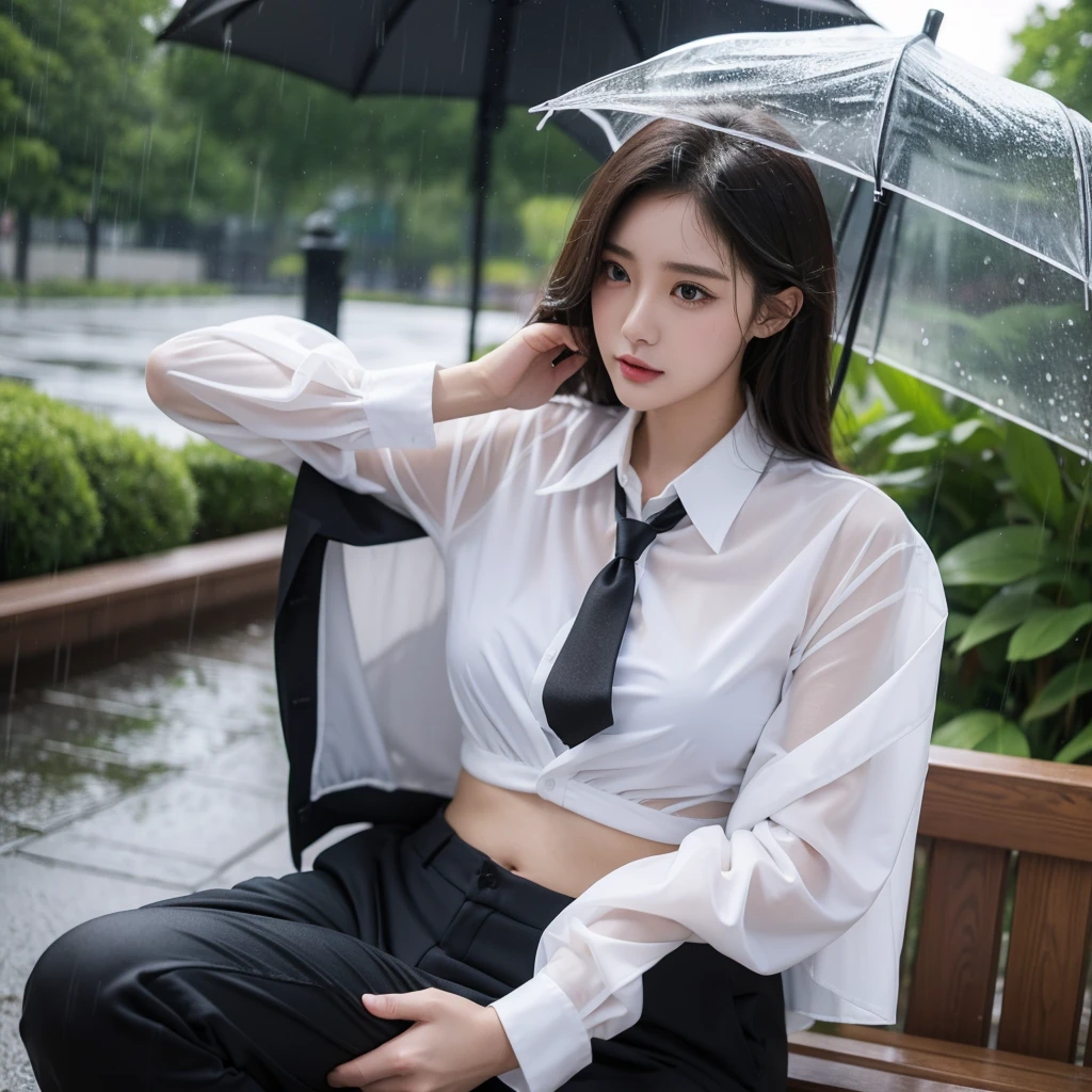 typhoon、No umbrella、Beautiful woman in the rain、雨で濡れたBeautyOL、Detailed face、Realistic、beautiful girl、Beauty、Office Lady Uniform、beauty、Beautiful woman、Narrow waist、Handsome woman、Tight pants look、suit、Sexy pose、タイトなsuitパンツ、雨で濡れたsuit、Wet shirt、See-through shirt、Shot in heavy rain、See-through underwear