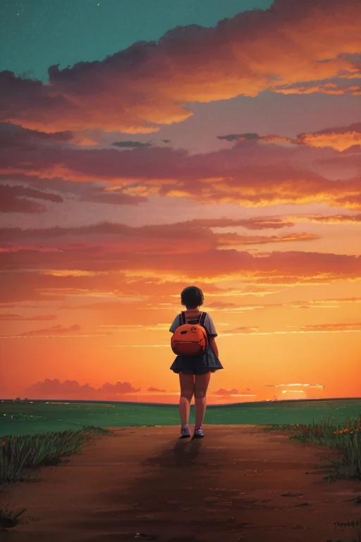 a  girl, with short hair and dressed in a , chubby girl, on your back looking towards a sunset. You can see more of the sky and orange, yellow and red predominate a lot.