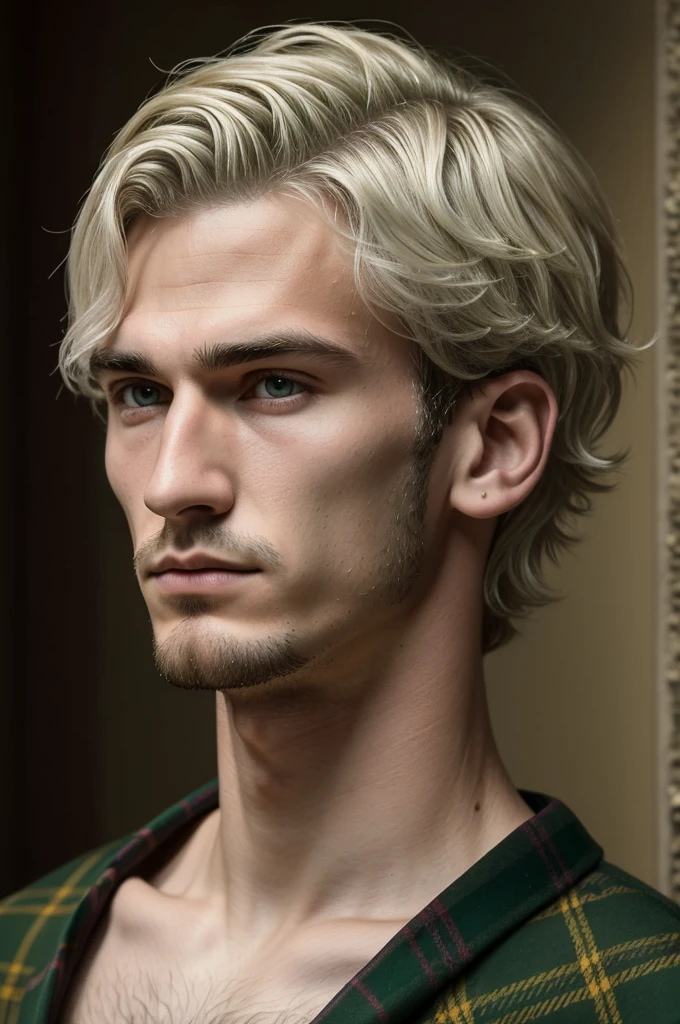 ((Best Quality)), ((Masterpiece)), (detailed), 21 year old boy with short wavy white hair, Delgado, small and thin nose, short beard, square chin and defined cheekbones. purple eyes. With a frown. Wearing a Green Scottish Tartan.