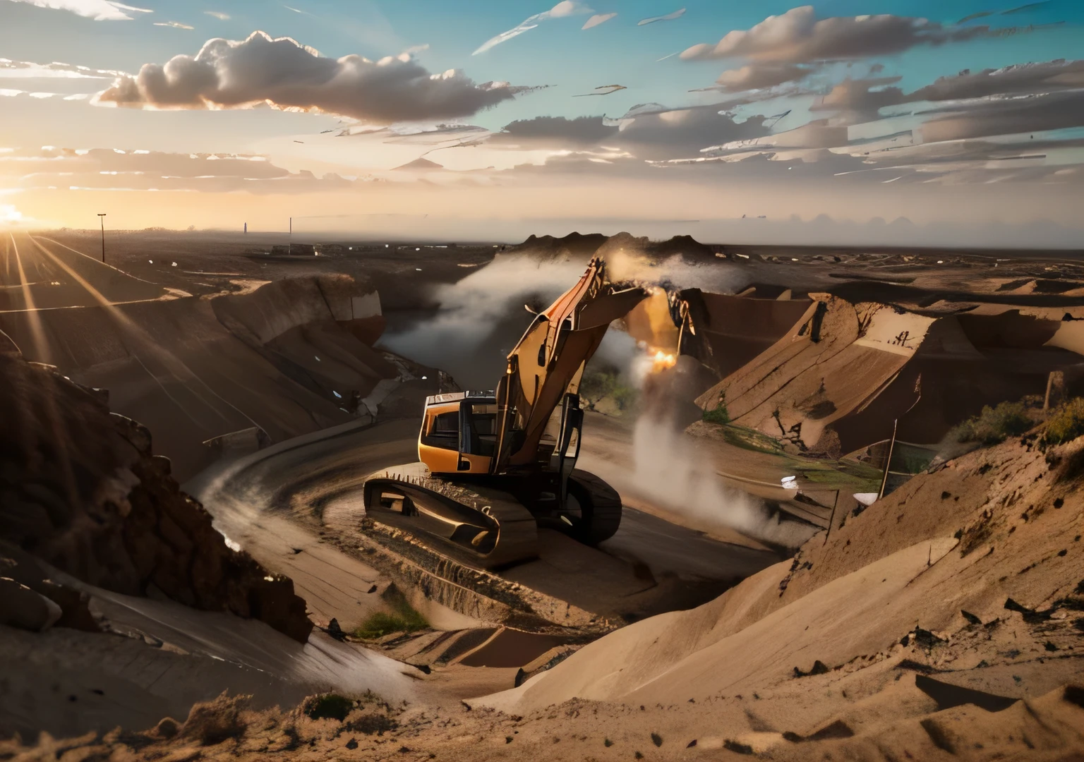 raw, orange chinese excavator, Lonking CDM 6075N sand desert rocky quarry, epic, absurdres, cinematic, dynamic view angle, volumetric lights, mist, cinematic, dutch angle, quarry, dust, volumetric lights, wet road after rain, mist, sunset, sun low on horizon, clouds, sand-works, heavy equipment work, landmark project, lifting sand,