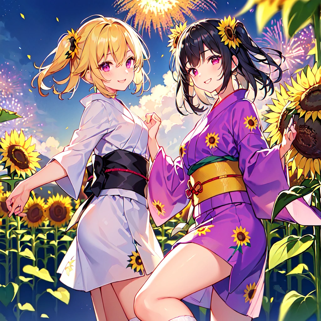 masterpiece, best quality, high quality, extremely detailed, very delicate and beautiful, (1 female 18 years old solo:1.5), (long black hair up to waist with two side up:1.5), bangs to eyebrows, eyes Eyebrows are glossy, (eye color: magenta: 1.3), 6.5 head height, (yukata with sunflower fireworks print: 1.3), knee socks, lace, frills, (smiling), (standing: 1.3), (smiling), (dynamic pose), (background sunflower flower field: 1.3), (sunflowers Lots and Lots of Night: 1.3) 