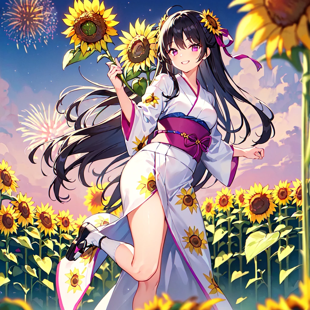 masterpiece, best quality, high quality, extremely detailed, very delicate and beautiful, (1 female 18 years old solo:1.5), (long black hair up to waist with two side up:1.5), bangs to eyebrows, eyes Eyebrows are glossy, (eye color: magenta: 1.3), 6.5 head height, (yukata with sunflower fireworks print: 1.3), knee socks, lace, frills, (smiling), (standing: 1.3), (smiling), (dynamic pose), (background sunflower flower field: 1.3), (sunflowers Lots and Lots of Night: 1.3)