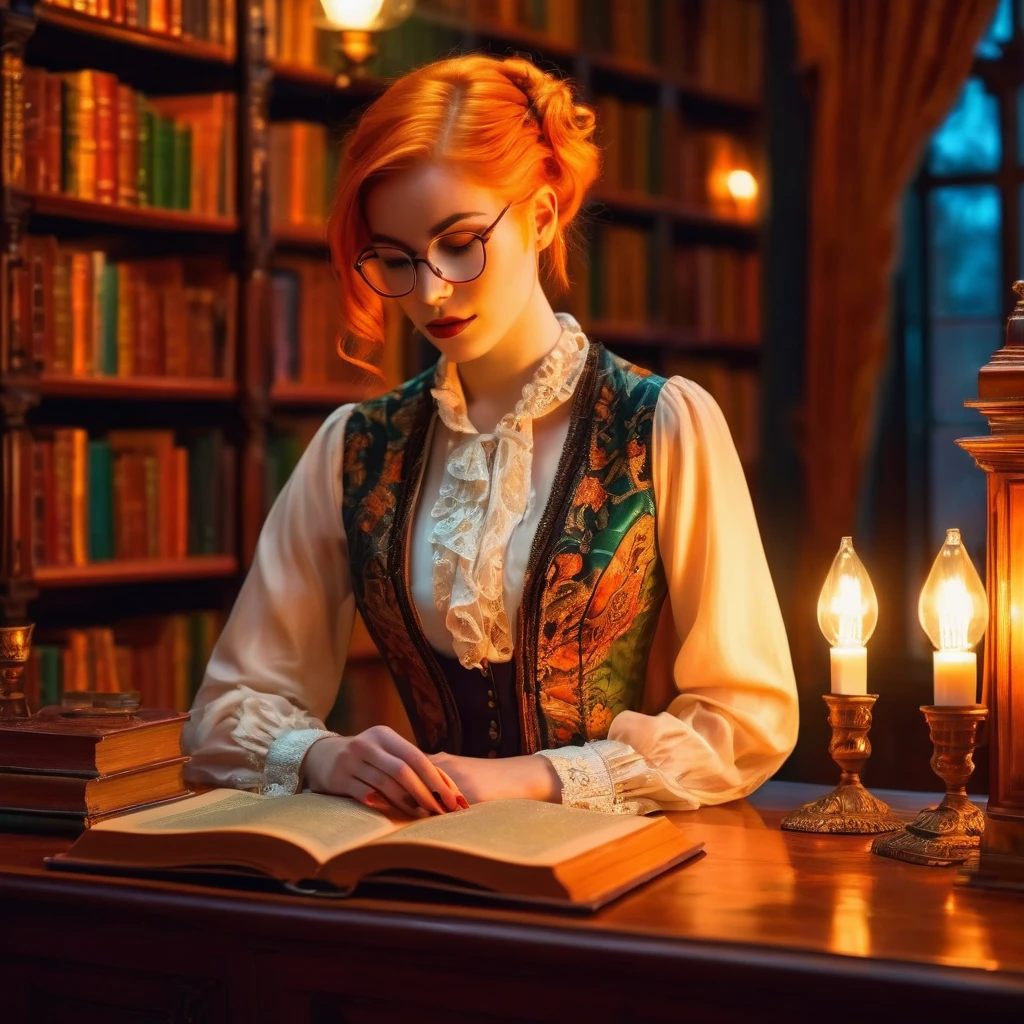 A literary girl with orange hair, elegant librarian in a colorful library, by lamplight, detailed portrait, intricate clothing, warm lighting, high resolution, photorealistic, dramatic lighting, cinematic, rich colors, fantasy, magical realism, ethereal, dreamlike, whimsical, vintage, old-fashioned library, floating books, cozy atmosphere, moody, atmospheric