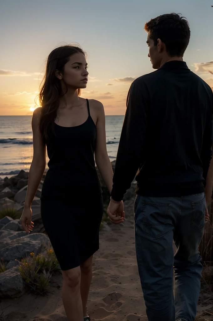 Silhouette-style image featuring two individuals, a man and a woman, walking away from each other on a slightly elevated terrain. The background showcases a stunning sunset with a gradient sky transitioning from deep blue at the top to warm orange and yellow hues near the horizon. The sun is partially visible, casting a soft glow and creating a serene atmosphere. The figures are in profile, with the man on the left and the woman on the right, both appearing contemplative. The overall composition emphasizes the contrast between the dark silhouettes and the vibrant sunset, evoking a sense of separation and introspection.