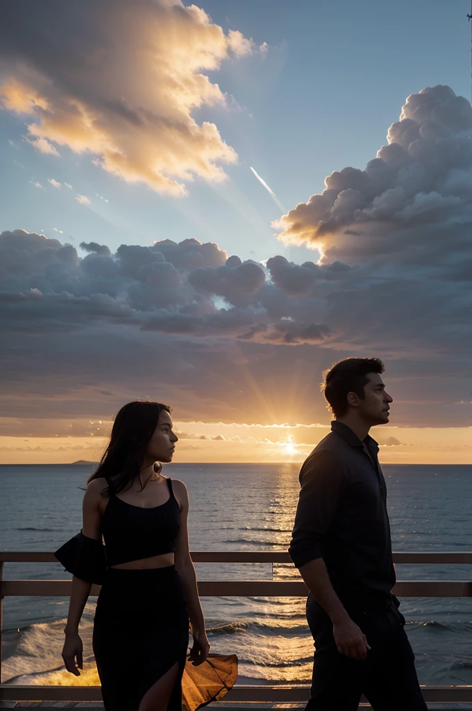 Silhouette-style image featuring two individuals, a man and a woman, walking away from each other on a slightly elevated terrain. The background showcases a stunning sunset with a gradient sky transitioning from deep blue at the top to warm orange and yellow hues near the horizon. The sun is partially visible, casting a soft glow and creating a serene atmosphere. The figures are in profile, with the man on the left and the woman on the right, both appearing contemplative. The overall composition emphasizes the contrast between the dark silhouettes and the vibrant sunset, evoking a sense of separation and introspection.