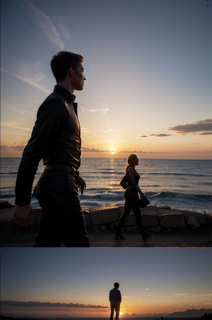 Silhouette-style image featuring two individuals, a man and a woman, walking away from each other on a slightly elevated terrain. The background showcases a stunning sunset with a gradient sky transitioning from deep blue at the top to warm orange and yellow hues near the horizon. The sun is partially visible, casting a soft glow and creating a serene atmosphere. The figures are in profile, with the man on the left and the woman on the right, both appearing contemplative. The overall composition emphasizes the contrast between the dark silhouettes and the vibrant sunset, evoking a sense of separation and introspection.