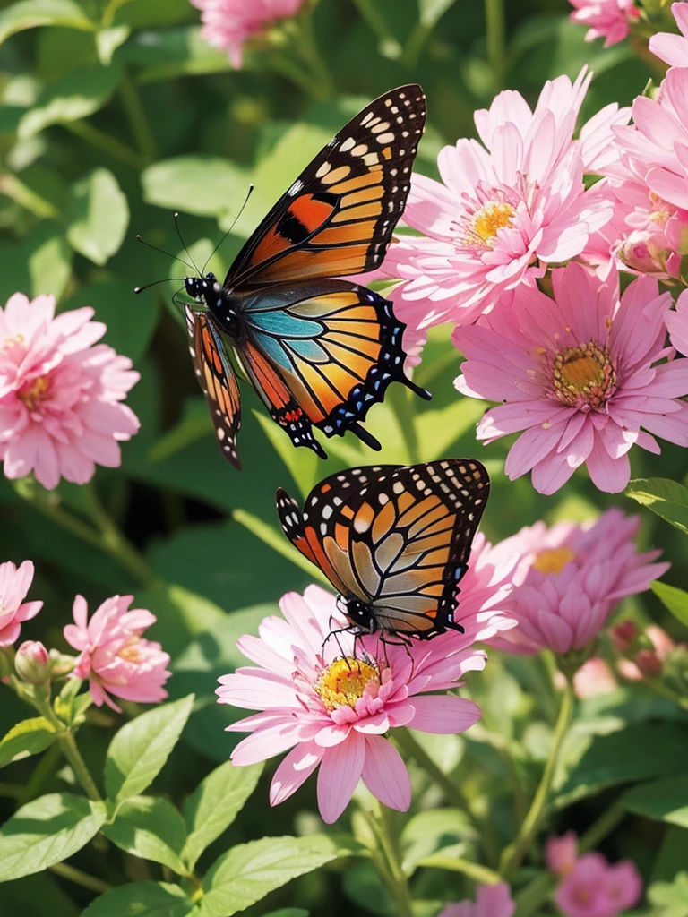 ultra-realistic, highly detailed macro image of a cute butterfly flying above vibrant, colorful flowers. The butterfly should have delicate, intricately patterned wings with soft pastel hues, captured in close-up detail. Surround the scene with gentle, warm sunlight, tiny sparkles in the air, and small, whimsical creatures like ladybugs and fairies to enhance the overall cuteness. The flowers should be in full bloom, with their textures and colors vividly showcased, adding to the vibrant and enchanting atmosphere.