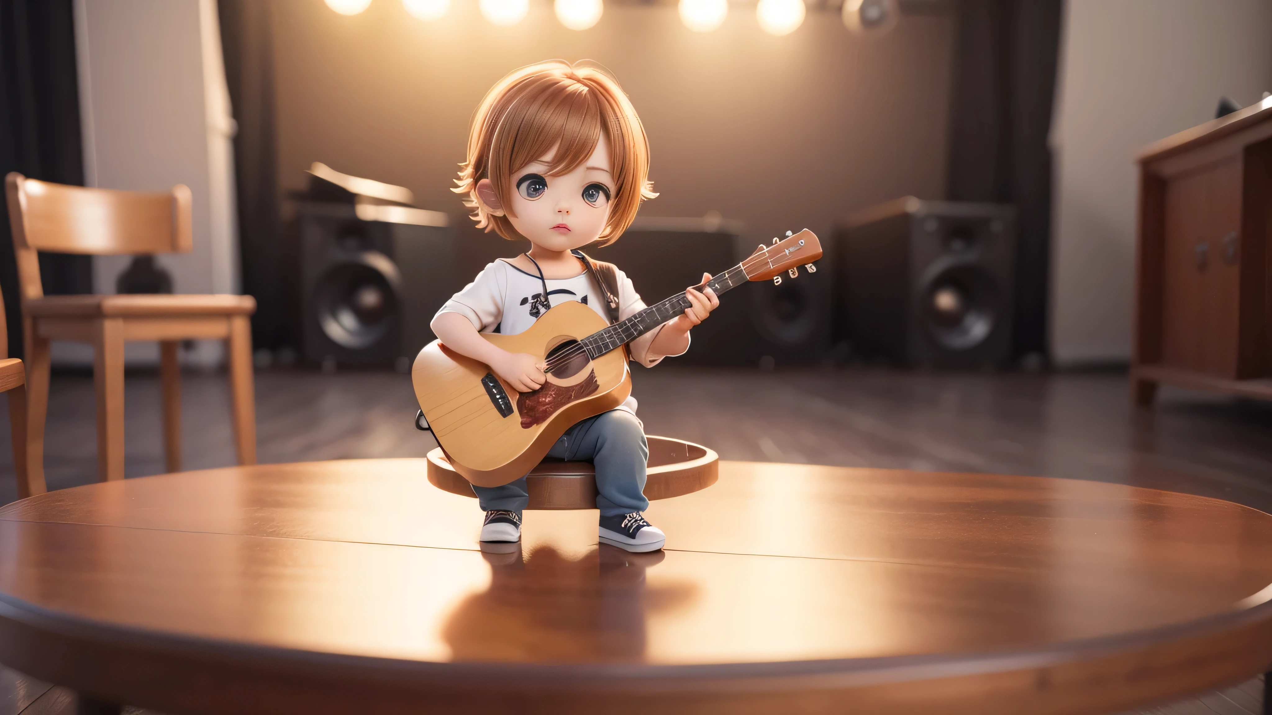 Anime Baby Chibi Cute、(((Chibi 3D))) (best quality), (table top)、Brown hairstyle、Chibi Housing Exhibition、concert stage、detailed face、relax,man holding guitar
