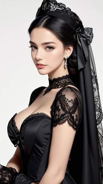 Create an extravagant full-body portrayal of a woman in Gothic style, emphasizing the "woman" theme. The design should feature Gothic elements such as lace, ribbons, and Victorian details, presenting an elegant and intricate style. Use a color palette of black, white, and pastels to capture the unique Gothic aesthetic. The design must stand out, with the woman centered in the image against a white background. It should fit well in the room, make sure it does not touch the edges of the canvas. The image must not contain any text.