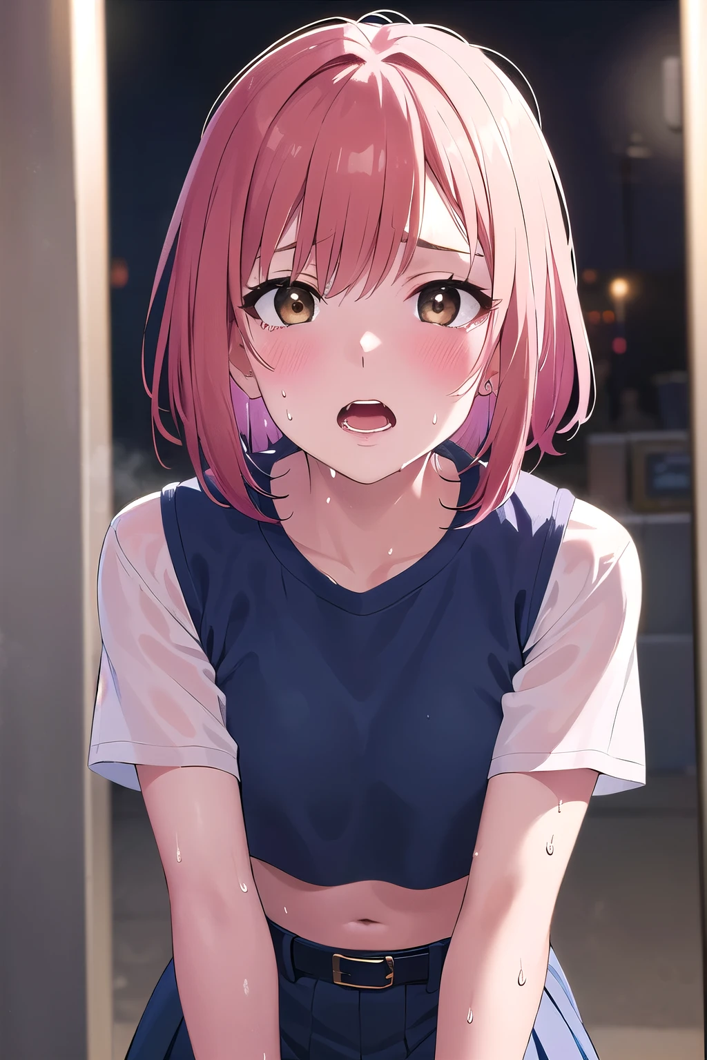 nobarakugisaki, nobara kugisaki, bob cut, (brown eyes:1.7), pink hair, lips, short hair,
BREAK belt, brown belt, brown pantyhose, crop top, crop top overhang,pantyhose, pleated skirt, shirt tucked in, skirt, blue skirt, white crop top,wet top,
BREAK looking at viewer,in street,night,neon lights,cyberpunk,wet road,reflections,
BREAK (masterpiece:1.2), best quality, high resolution, unity 8k wallpaper, (illustration:0.8), (beautiful detailed eyes:1.6), extremely detailed face, perfect lighting, extremely detailed CG, (perfect hands, perfect anatomy),upper body,from above,bend over, BRAKE (sweat:1.5), (steam:1.2), (masturbation:1.2), (girl trembling with sexual climax:1.1), (looking at viewer:1.3), (open mouth:1.2)