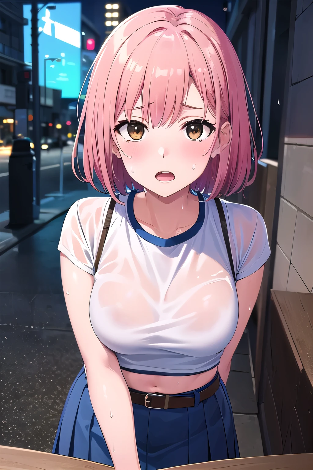 nobarakugisaki, nobara kugisaki, bob cut, (brown eyes:1.7), pink hair, lips, short hair,
BREAK belt, brown belt, brown pantyhose, crop top, crop top overhang,pantyhose, pleated skirt, shirt tucked in, skirt, blue skirt, white crop top,wet top,
BREAK looking at viewer,in street,night,neon lights,cyberpunk,wet road,reflections,
BREAK (masterpiece:1.2), best quality, high resolution, unity 8k wallpaper, (illustration:0.8), (beautiful detailed eyes:1.6), extremely detailed face, perfect lighting, extremely detailed CG, (perfect hands, perfect anatomy),upper body,from above,bend over, BRAKE (sweat:1.5), (steam:1.2), (masturbation:1.2), (girl trembling with sexual climax:1.1), (looking at viewer:1.3), (open mouth:1.2)