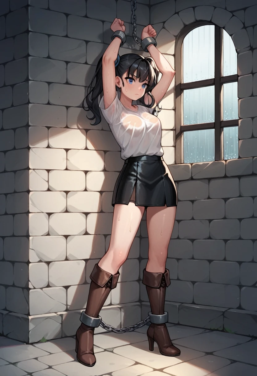 score_9, score_8_up, score_7_up, score_6_up, score_5_up, score_4_up, source_anime, 1girl, worth, The stone wall, black hair, twintails, blue eyes, w-w-chain, shackles, raise arms, clean hair, sweaty shirt, leather skirt, brown thigh high boots, heels, rain, window, dungeon, best quality, best res, 4K UHD,
 