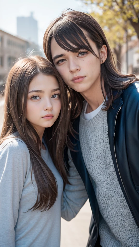 Couple, girl with long brown hair and gray eyes, boy with white hair and blue eyes, spring atmosphere