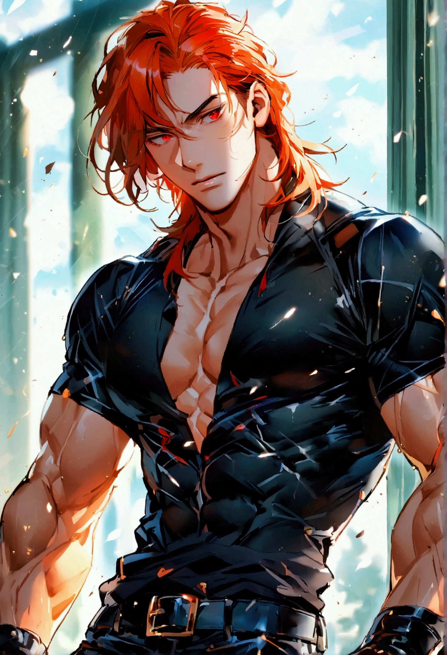 masculine man, tall, muscular, long-sleeved sports shirt made of black lycra, short black hair combed back and red eyes, black belt and black gloves, slim, 24 years old