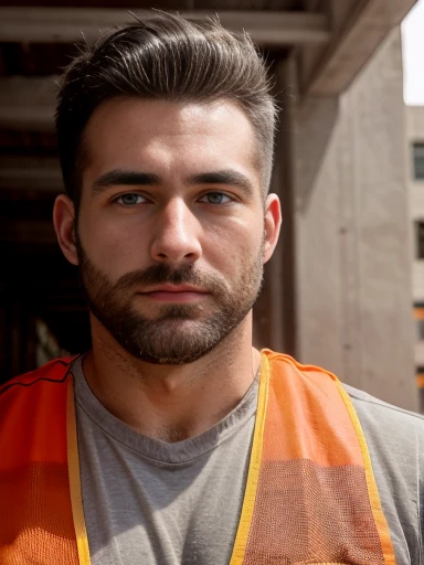 masterpiece, best quality, high resolution, full body portrait, male focus, solo focus, A man, 30 years old, with construction worker uniform, unbuttoned work clothes, construction worker, silver grey hair, messy hairstyle, hairy armpit, cute and seductive face, bare chest, body hair, facial hair, roman nose, very skinny body, hairy legs, dimples, beard, bold jawline , in the background a construction site, sweaty, sunburnt, orange safety vest, attractive, view from below, amazing composition, front view, HDR, ultra quality, elegant, highly detailed, full body in photo, front view