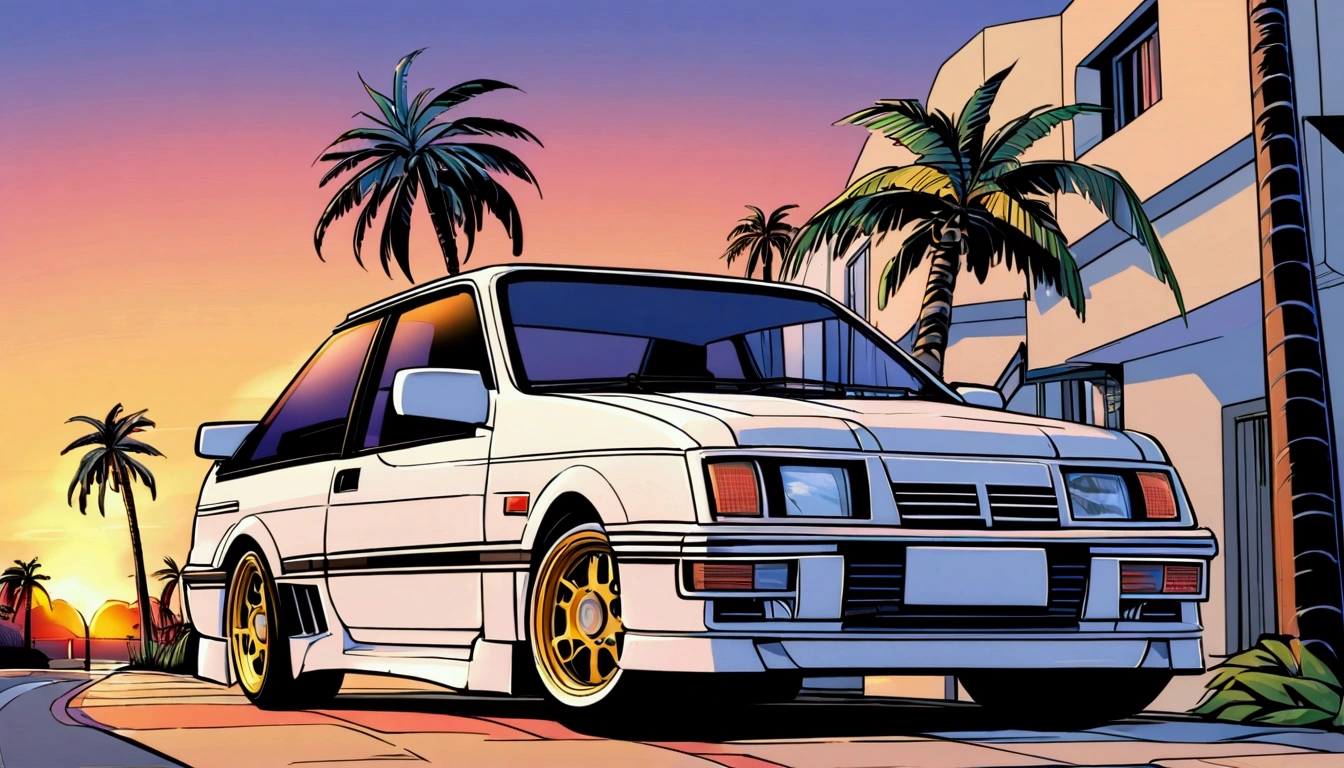 ((TShirt Design)), Ford Sierra RS Cosworth(1985), Sunset background, Palm tree, Layers with 5 colors, Corner Street, Belek's Drums, Plethean,