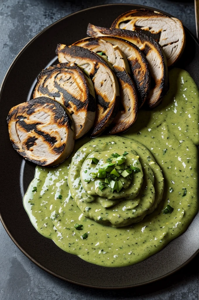 A plate of quail with green sauce on black plate
