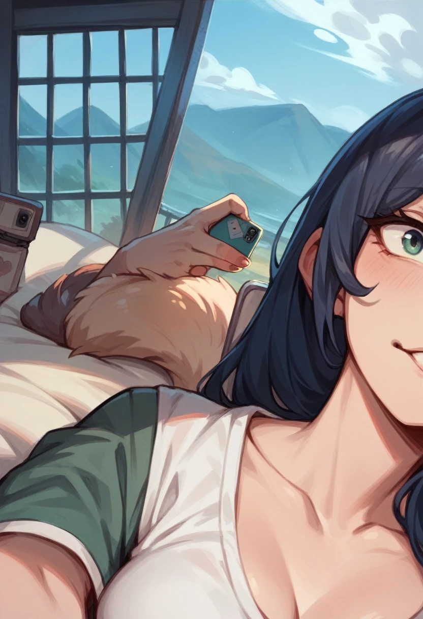 A girl takes a selfie with fur seals in the background, The girl smiles 