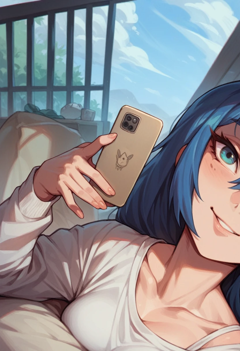 A girl takes a selfie with fur seals in the background, The girl smiles