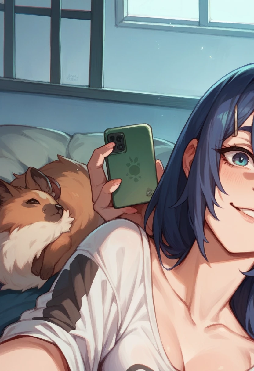 A girl takes a selfie with fur seals in the background, The girl smiles