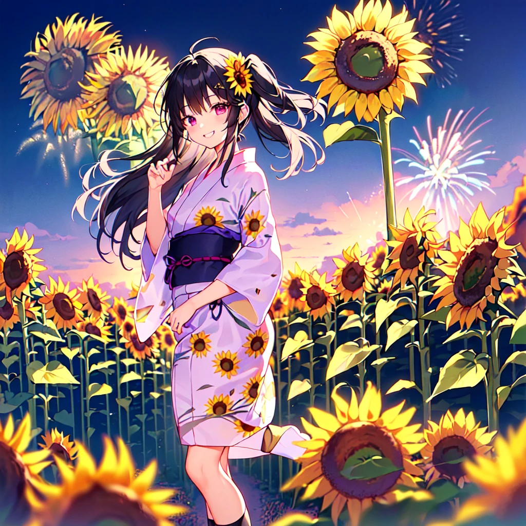 masterpiece, best quality, high quality, extremely detailed, very delicate and beautiful, (1 female 18 years old solo:1.5), (long black hair up to waist with two side up:1.5), bangs to eyebrows, eyes Eyebrows are glossy, (eye color: magenta: 1.3), 6.5 head height, (yukata with sunflower fireworks print: 1.3), knee socks, lace, frills, (smiling), (standing: 1.3), (smiling), (dynamic pose), (background sunflower flower field: 1.3), (sunflowers Lots and Lots of Night: 1.3)