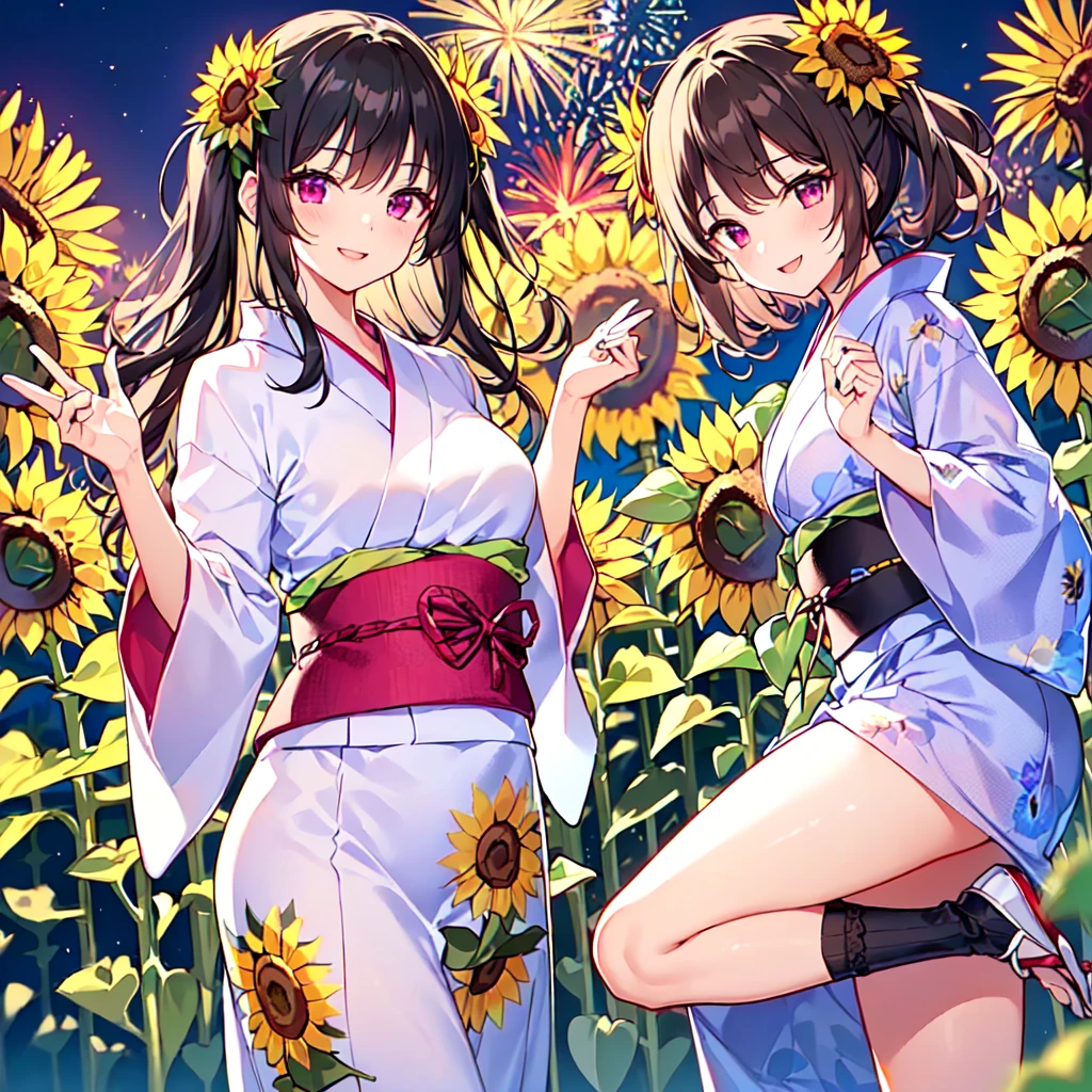 masterpiece, best quality, high quality, extremely detailed, very delicate and beautiful, (1 female 18 years old solo:1.5), (long black hair up to waist with two side up:1.5), bangs to eyebrows, eyes Eyebrows are glossy, (eye color: magenta: 1.3), 6.5 head height, (yukata with sunflower fireworks print: 1.3), knee socks, lace, frills, (smiling), (standing: 1.3), (smiling), (dynamic pose), (background sunflower flower field: 1.3), (sunflowers Lots and Lots of Night: 1.3)