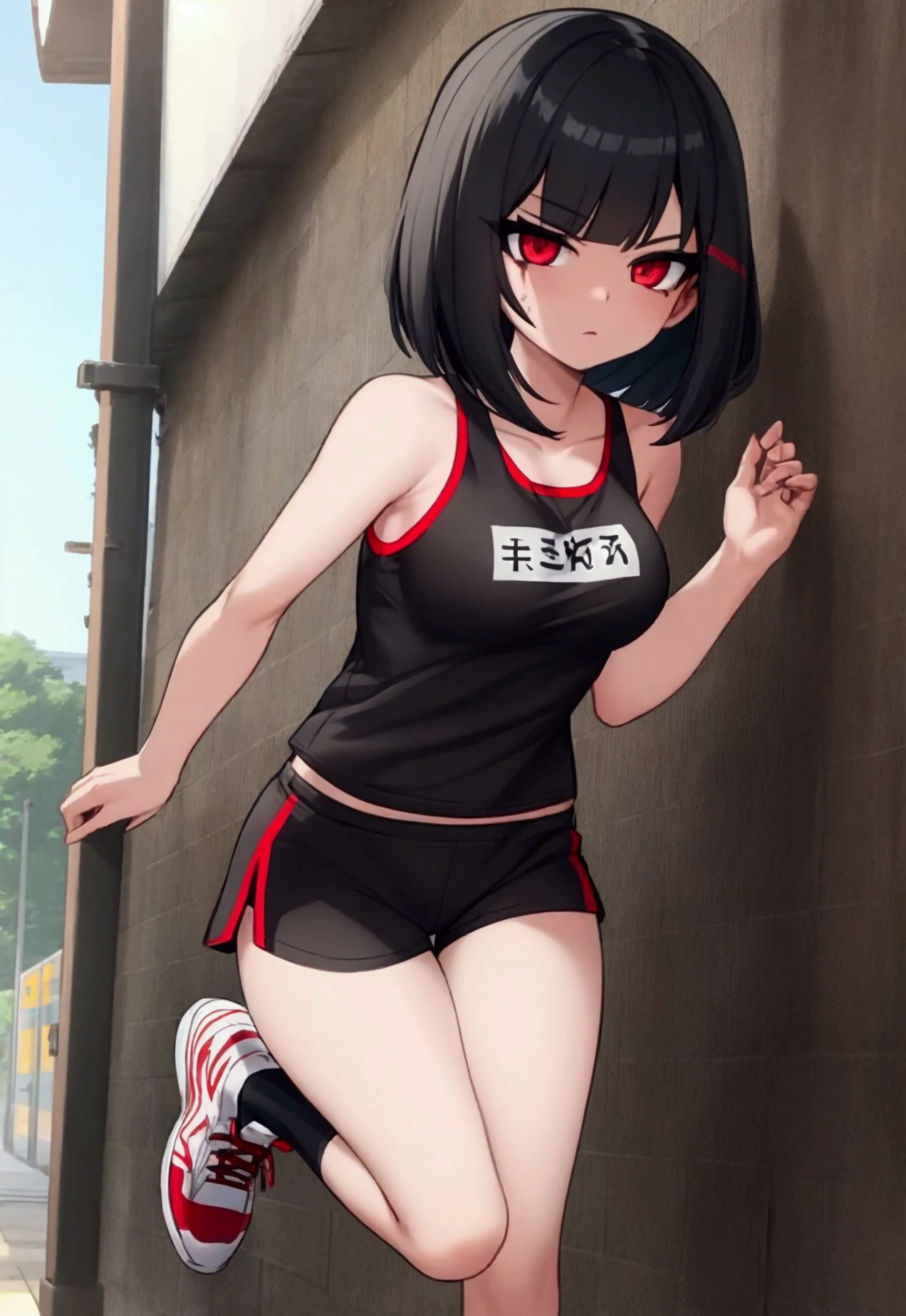girl, Black hair, bob, red eyes, marathon runner, running, white and red tank top, shorts, marathon shoes