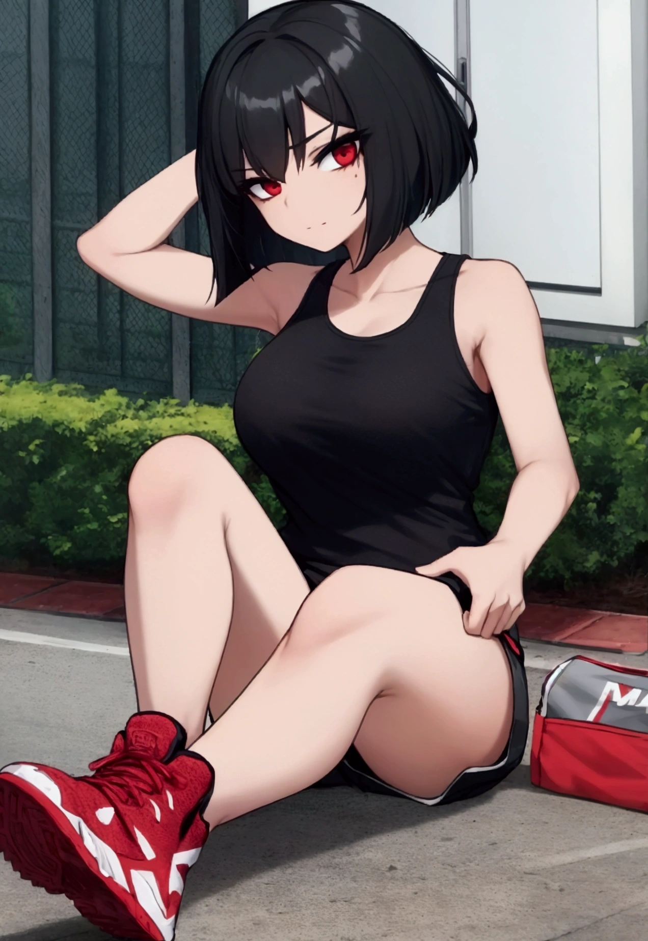 girl, Black hair, bob, red eyes, marathon runner, running, white and red tank top, shorts, marathon shoes