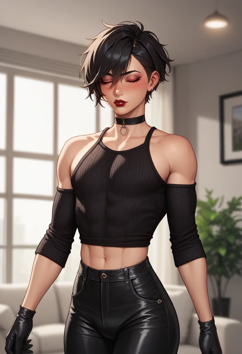1boy, black eyeliner, male medium length mullet hairstyle, medium sharp hair texture, black hair, handsome, red eyes, black gloves, black clothes, room, red lipstick, femboy, blush, thin waist, black sweater, black pants, choker, beautiful face, closed eyes