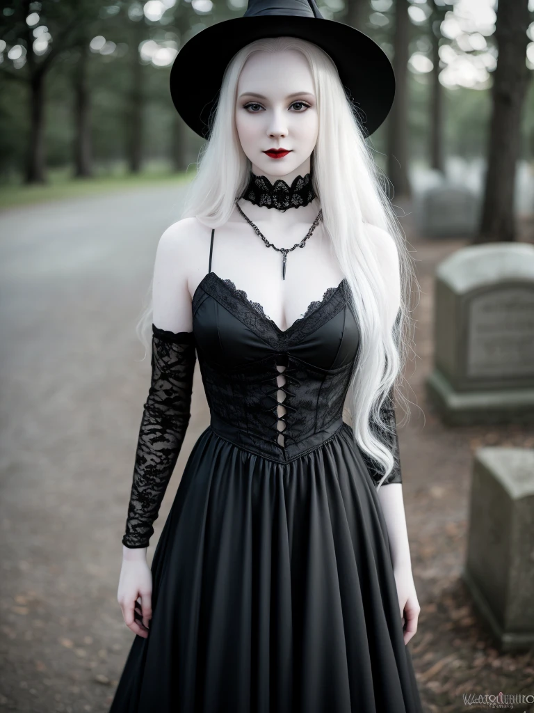 female vampire witch |albino,pale porcelain skin, vintage black dress, smile, shallow depth of field, sadistic, nightfall, detailed face, night,wide hips,narrow waist,portrait of woman standing,detailed eyes, portrait of woman standing,8k RAW photo, highest quality, (looking at the viewer:1.3), best shadow, intricate detailold hair:1.3),(bright eyeorest, grave,gothic,goth, 8k resolution concept art, hypereallistic, realistic, 12k, intricate. hit definition , cinematic, real life human
