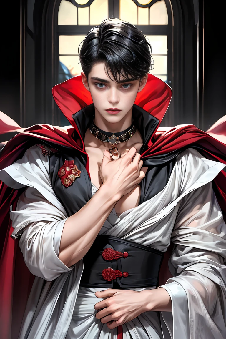 
masterpiece, 最high quality, high quality, 1 boy, alone, Male focus, Watching the audience,  Messy black hair, Adorable big blue eyes, White people, Noble, Noble,A sexy, voluminous, puffy cape、vampire、A very voluminous, large, very large, very large, long, long red and black cape with a high stand-up collar, made of a lot of fabric that reaches down to the floor., 17 years old,Cute beautiful boys,Cute, cute, kind, handsome guy