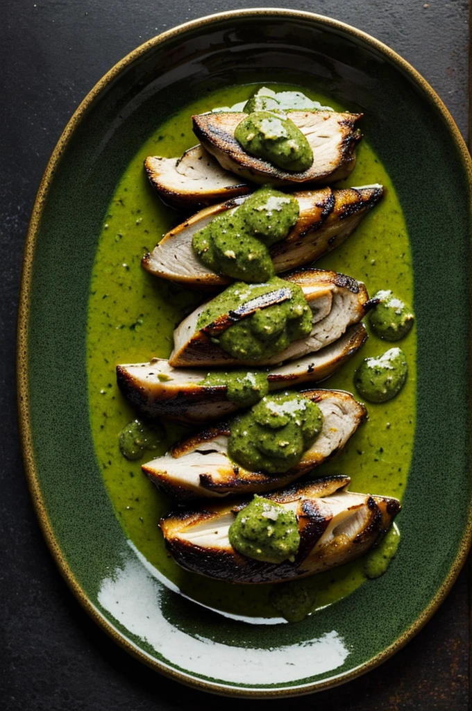 Quail in green sauce on black plate