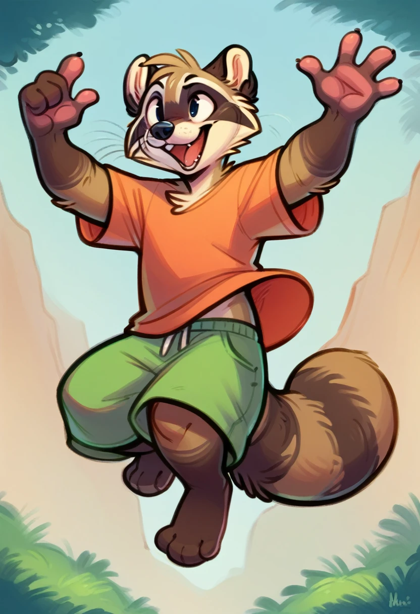 murine, murid, anthro, raccoon , solo, clothing, mammal, male, topwear, clothed, detailed background, hi res, feet, shirt, open mouth, 3 toes, jumping, midair, action pose, fur, whiskers, smile, toes, buckteeth, 4 fingers, fingers, gesture, teeth, biped, barefoot,
