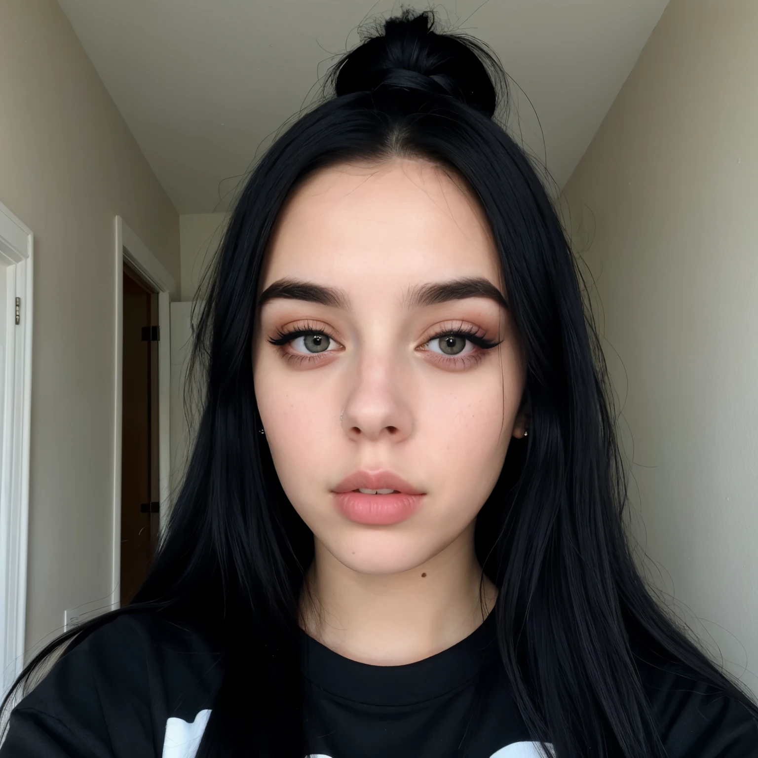selfie of a 27 year old woman, with a face similar to Billie Eilish with black eyes, dark shaped eyes, makeup on black eyelids, and black eyeliner, long black hair